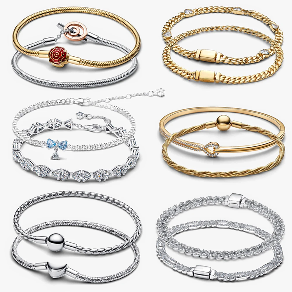 

2026 New 925 Silver Heart Eternal Rose Plant Specimen ME Tennis Adjustable Blue Bow Bracelet DIY Exquisite Charm Jewelry Gift