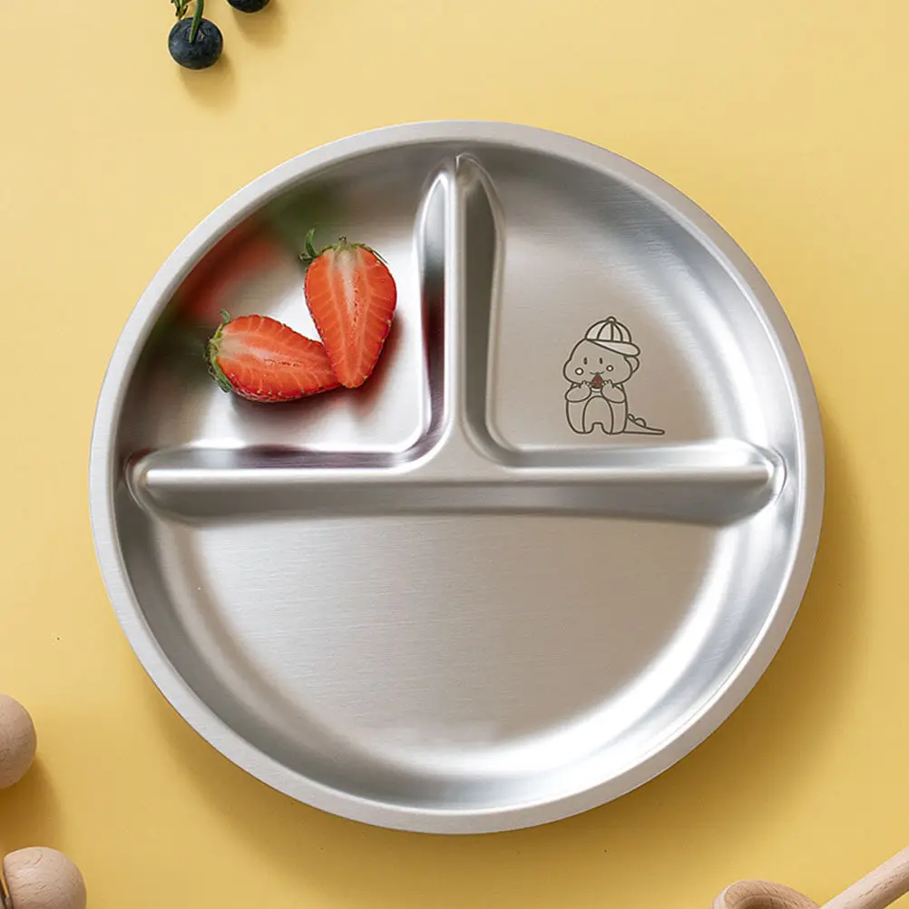 Stainless Steel Round Divided Dinner Plate 3-Section Compartment Tray for Adults Meals Snacks Fruits Diet Planning Easy Clean