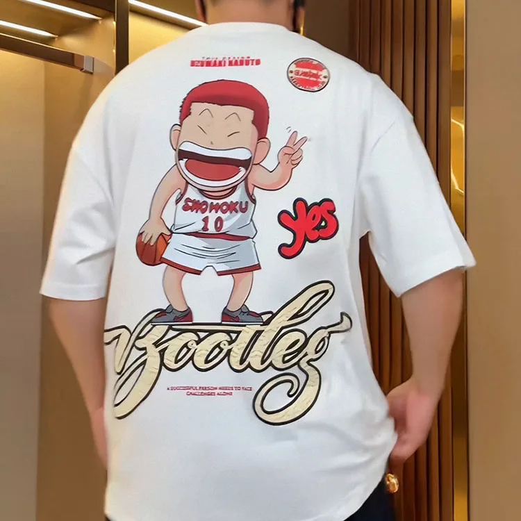 

Loose Fit Pure Cotton ort Sve T-irt Cartoon Baskeall Print Casual Summer Top for Youth Chinese Brandl Faion