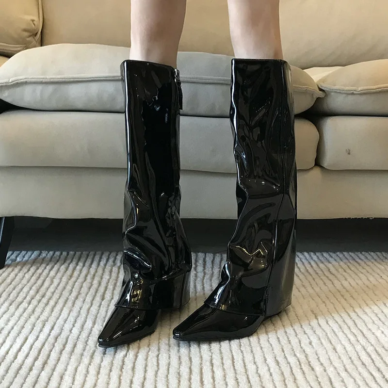 Women's long tube boots 2025 autumn and winter high tube slimming patent leather pointed toe sloping heel pants boots