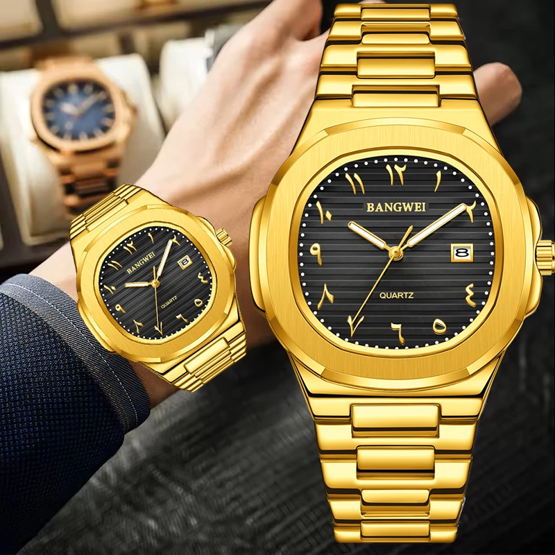 

BANGWEI New Gold Quartz Watches for Men Top Brand Luxury Fashion Luminous Man Wristwatch Casual Sports Waterproof Men Watch
