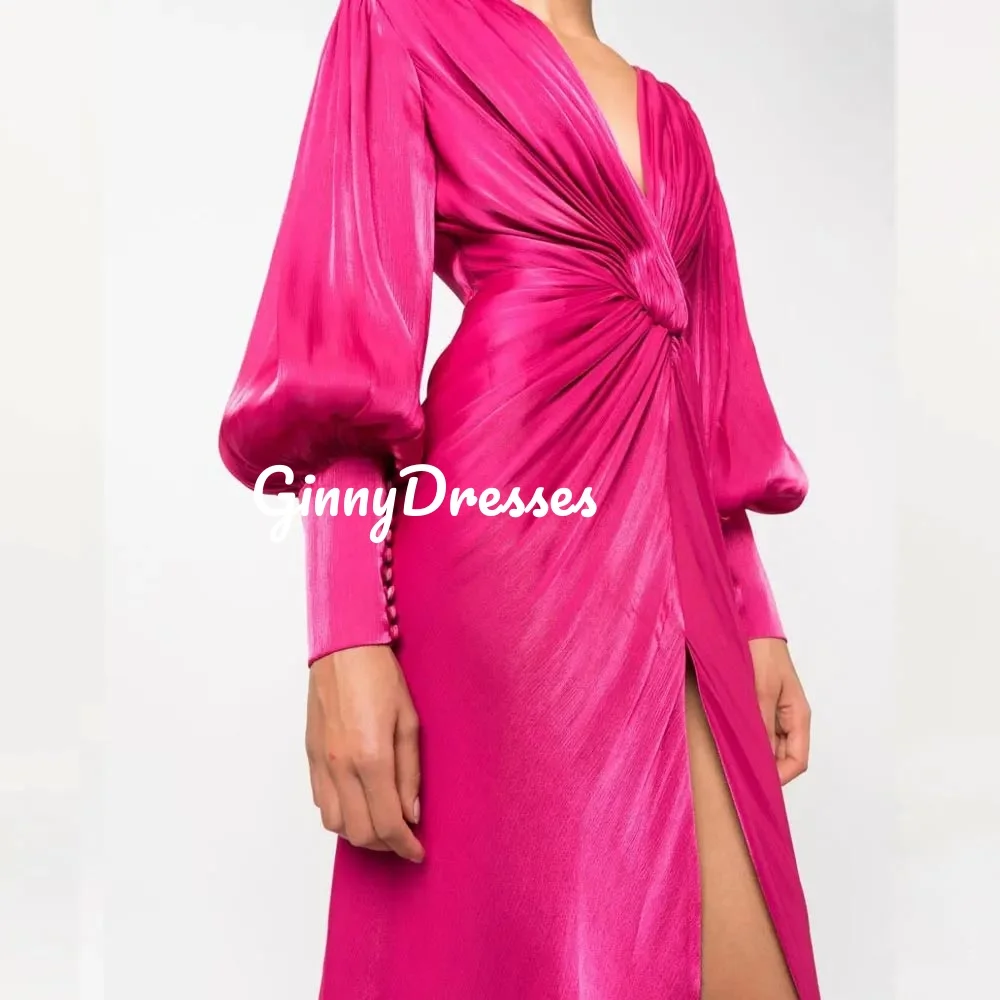 Customized Evening Dresses A-Line V-Neck Floor-Length Ruffle Split Wedding Dress Zipper Up Long Sleeves Formal Occasion Dresses