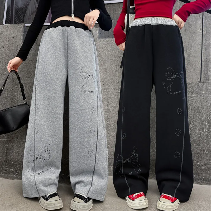 

New Spring Children Sports Style Cotton Straight Leg Pants With Bow Print for Kids Girls Casual Trackpants Sporty Trousers 5-14Y