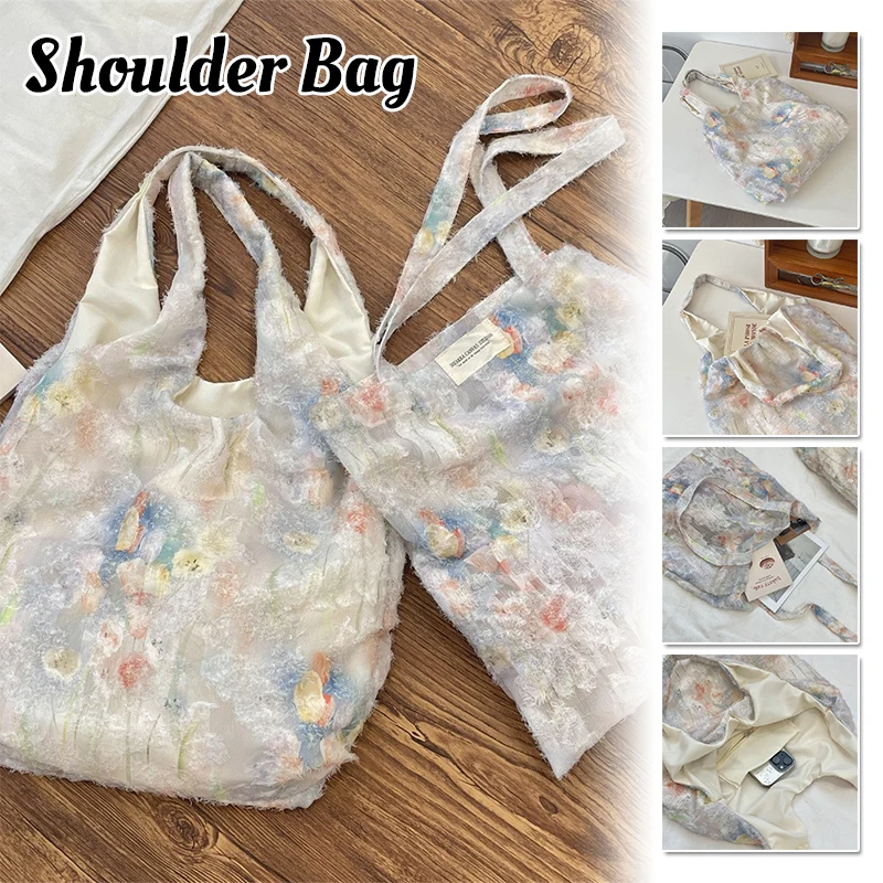 

Large Capacity Canvas Tote Bag Women Lace Ink Painting Shoulder Bag Cute Art Print Travel Shopping Bag Girls Gift