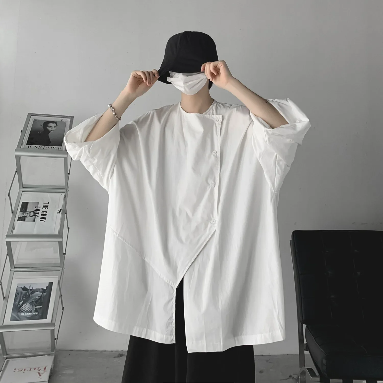 Fashion Short Sleeve Shirt for Men Japanese Vintage Irregularity T-shirt Loose Casual Men Clothing High Street Oversized Shirts