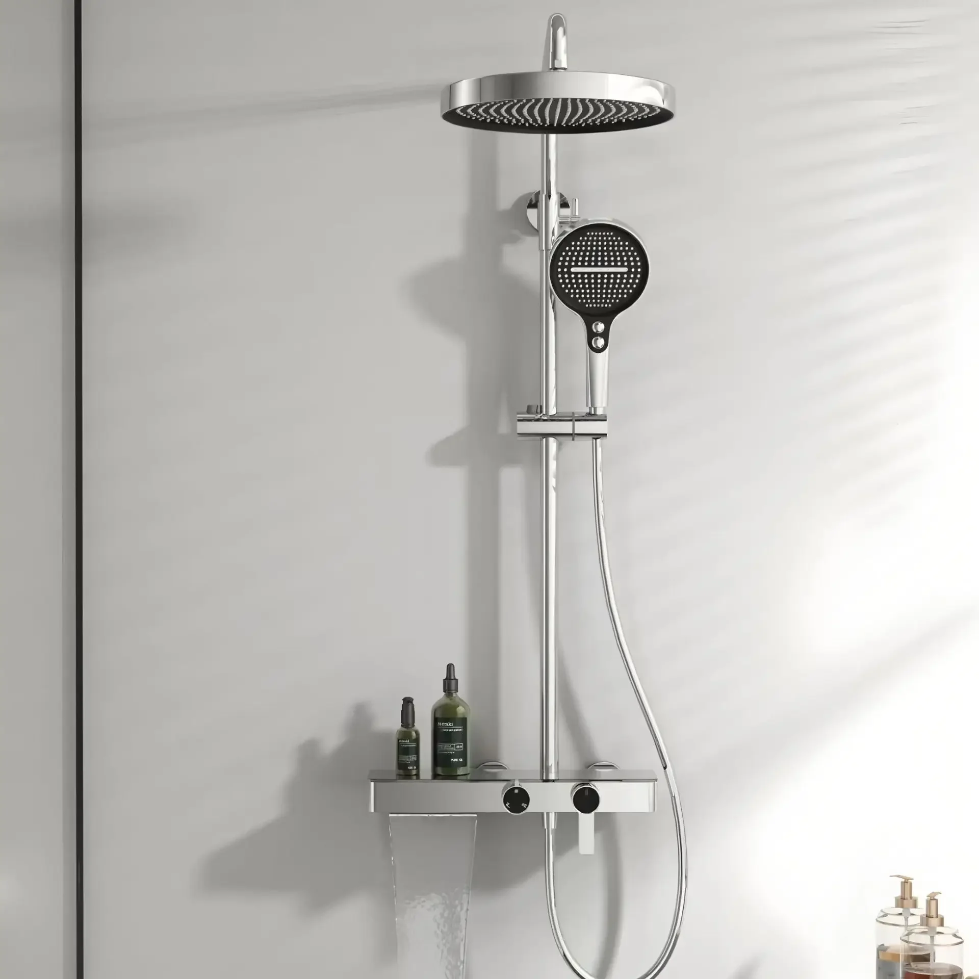 #Rain Shower Head Set, Waterfall Spout, 2 in 1 Shower Shelf, Cold and Hot, Brass Brushed Gold, Bathroom Fixture view 4