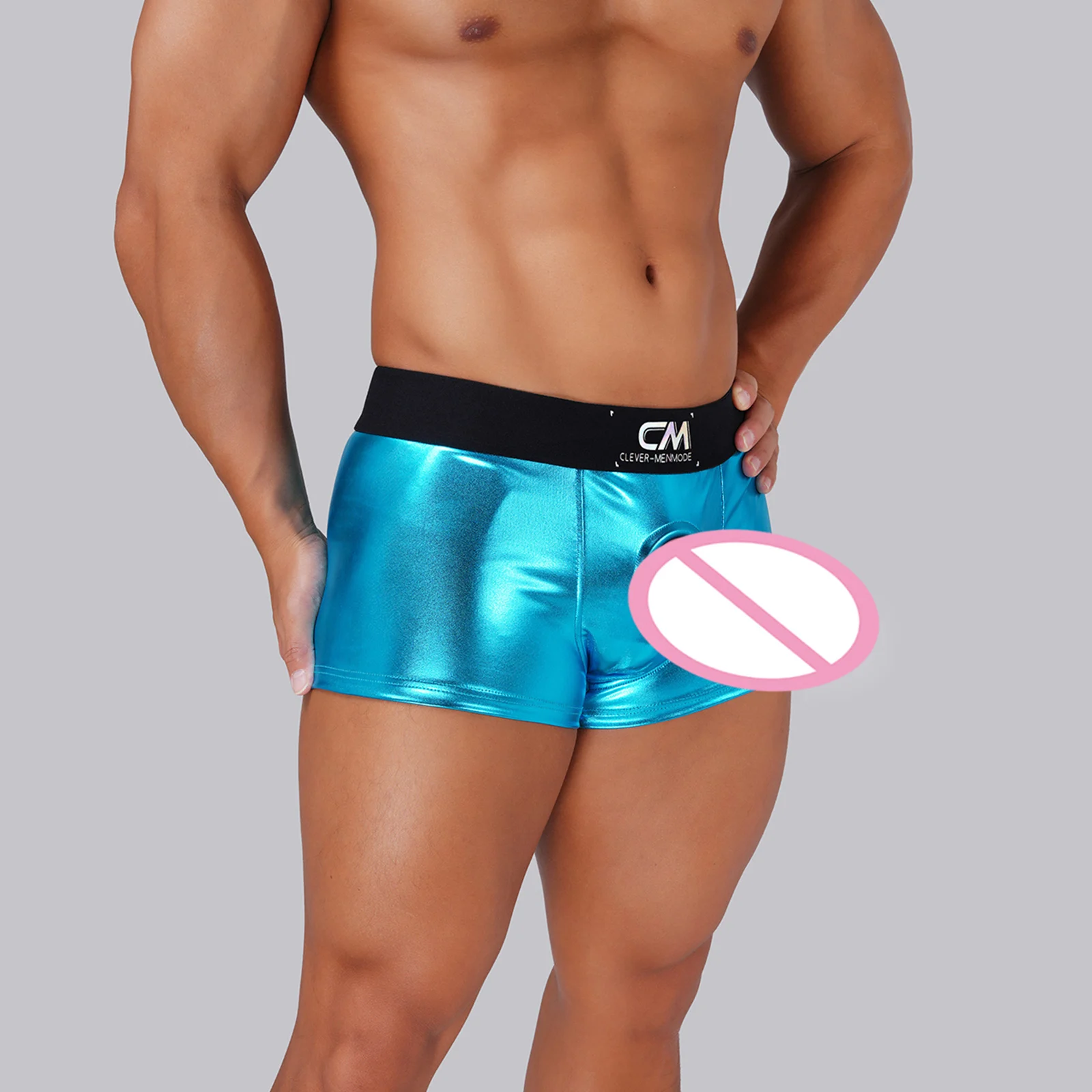 

Glossy Metallic PU Faux Leather Boxers Sexy Men's Cock Ring Front Hole Boxer Silicone Cockring Wide Waistband Short Underpants