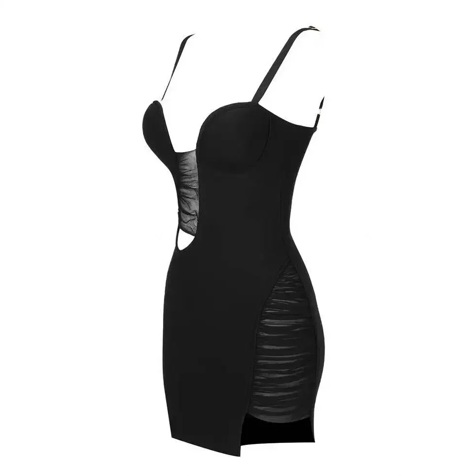 Women's Sexy Sleeveless V Neck Mesh Patch Bandage Dress Spaghetti Strap Hollow Mini Bodycon Dress Celebrity Party Dress