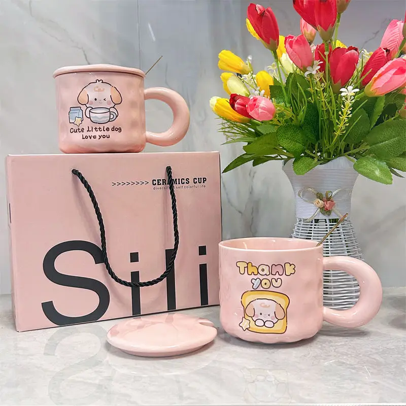 Gift Box Set Cute Cartoon Dog Ceramic Cup, Pink Coffee Cup, Mug with Lid Spoon, Birthday Gift Friends and Best Friends Drinkware