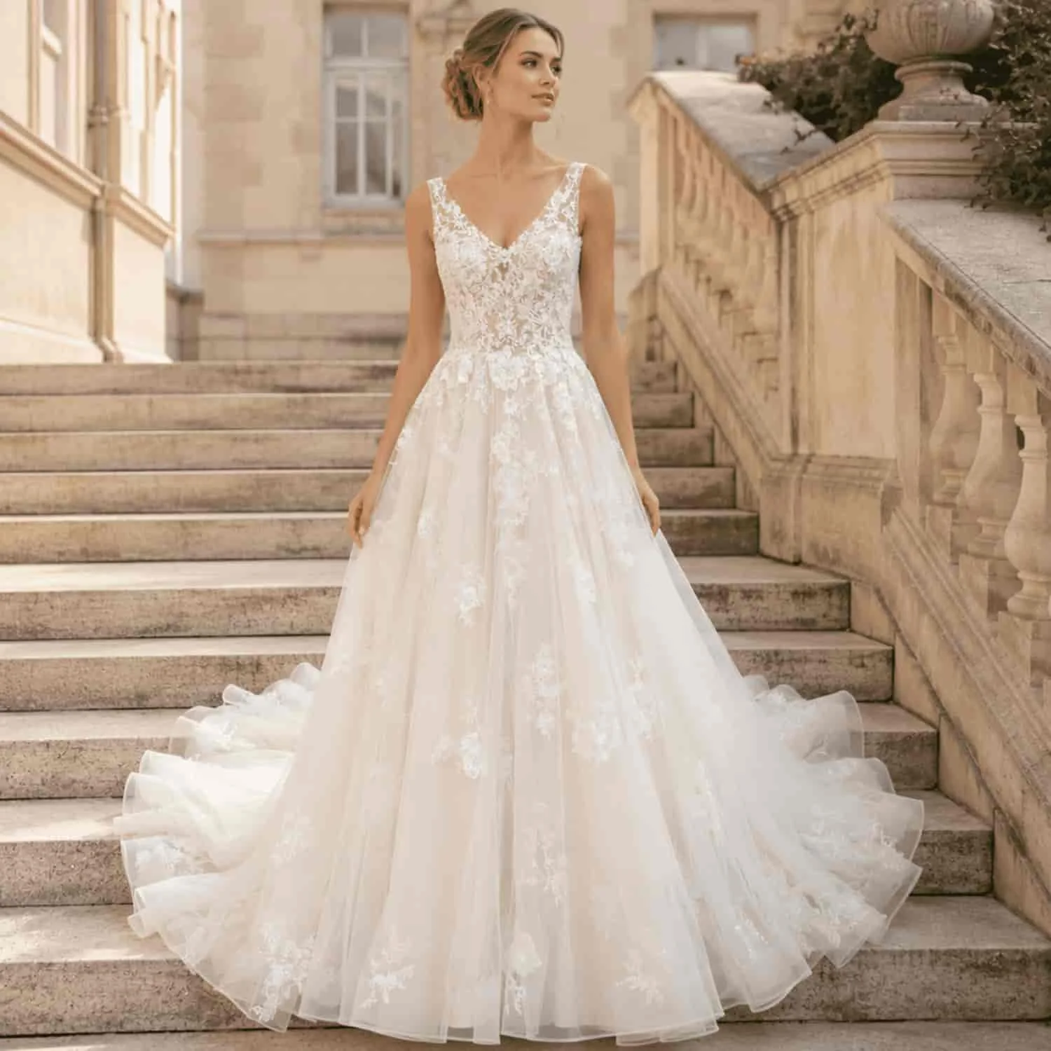Wedding Dress V Neck A-Line Light Tulle Lace Applique Ruffle Train Bridal Gown