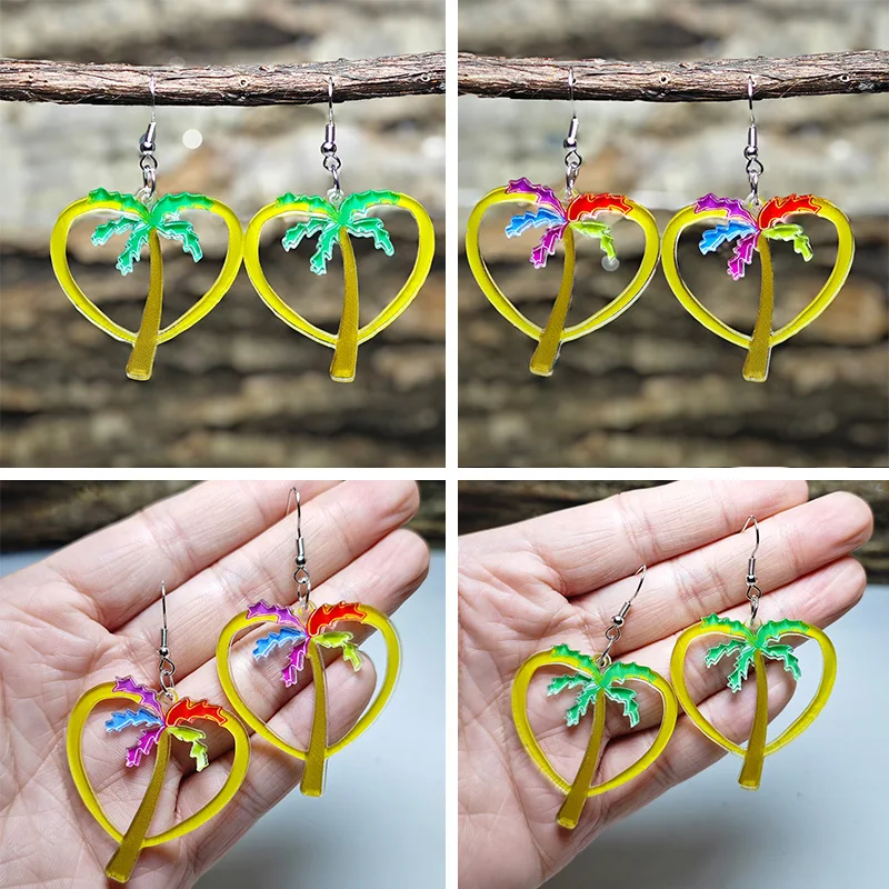 

New Hawaiian Style Earrings Beach Coconut tree Hollow Acrylic Earrings Colorful Leaves Vacation Style Earrings Decorative Gifts
