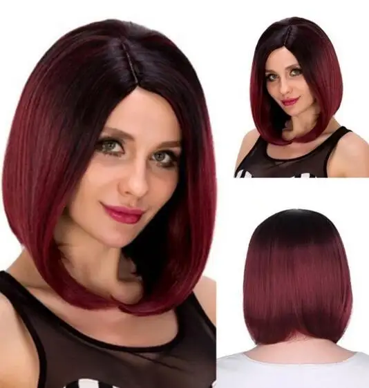 Best-selling wig female black gradient Burgundy medium part bangs short straight  synthetic high temperature silk wig