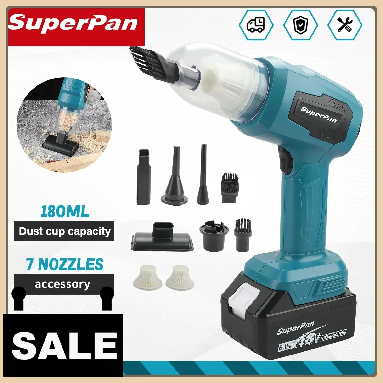 

Бытовой беспроводной автомобильный пылесос SuperPan: 200 Вт, всасывание 10000 Па, чашка для сбора пыли 180 мл, совместимая с аккумулятором Makita 18 В