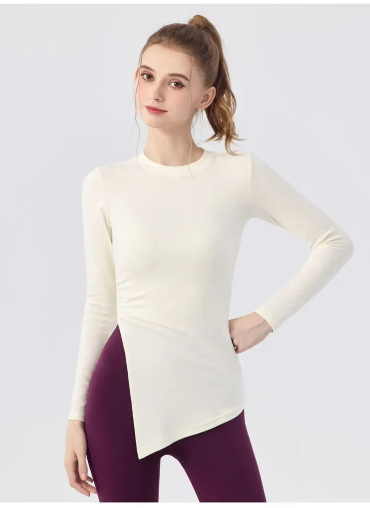 Herbst-Sport-Oberbekleidung, langärmelige Bluse, die das Gesäß bedeckt, für Damen, plissiert, mit Schlitz, lässiges Fitness-T-Shirt, Pilates-Yoga-Bekleidung – Detail 7