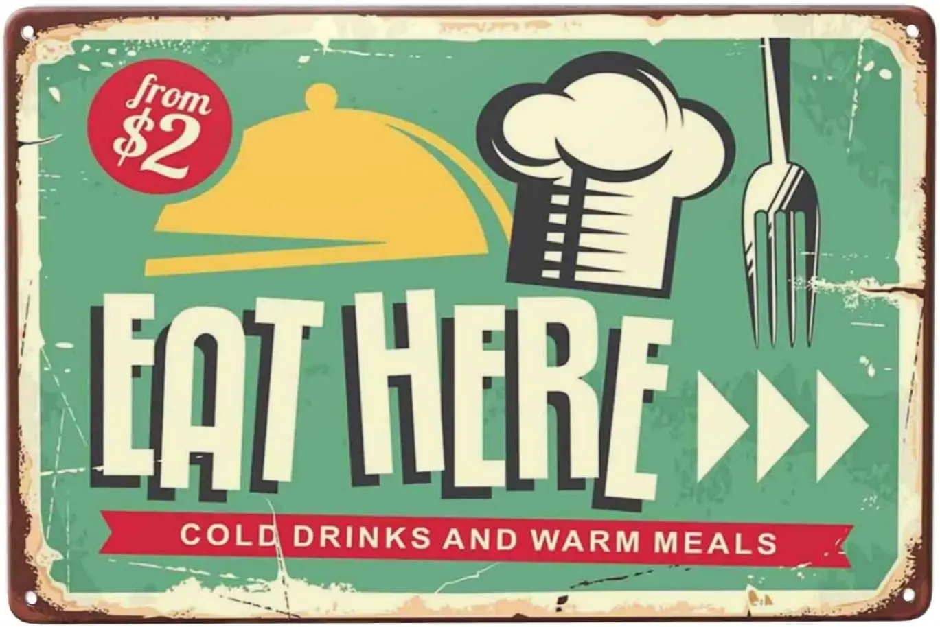 Eat Here Sign Vintage Metal Tin Wall Decor, Restaurant Signs for Bar Pub Club Man Cave 8 x12  (CTP-35)