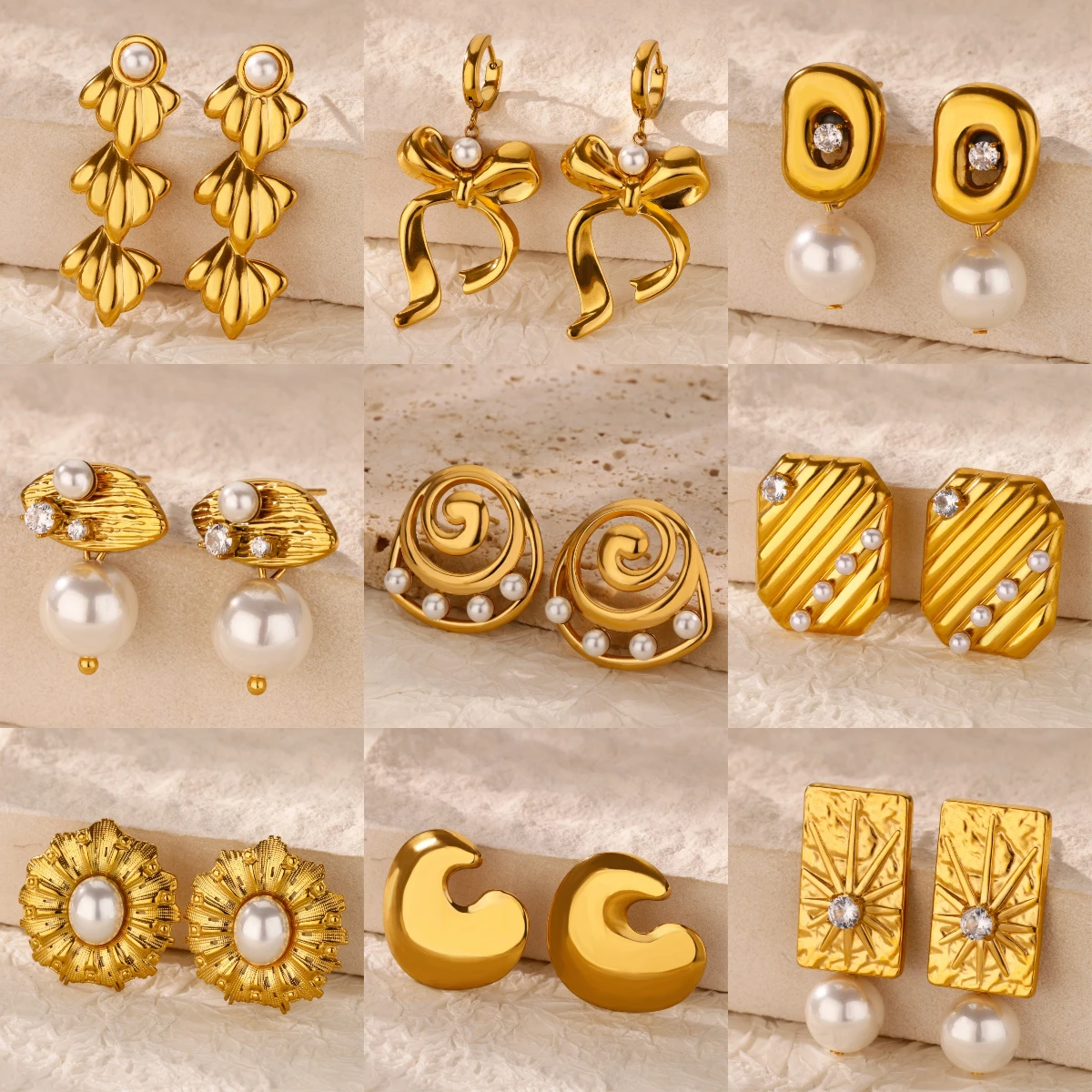 

316L Stainless Steel Pearl Earrings For Women Vintage Zircon Shell Bowknot Geometry Gold Color Luxury Original Party Jewelry Gif