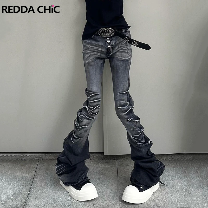 

ReddaChic Women Buttoned Low Rise Jeans Do Old Whiskers Shirred Pockets Gradient Bootcut Pants Grunge 90s Vintage Streetwear