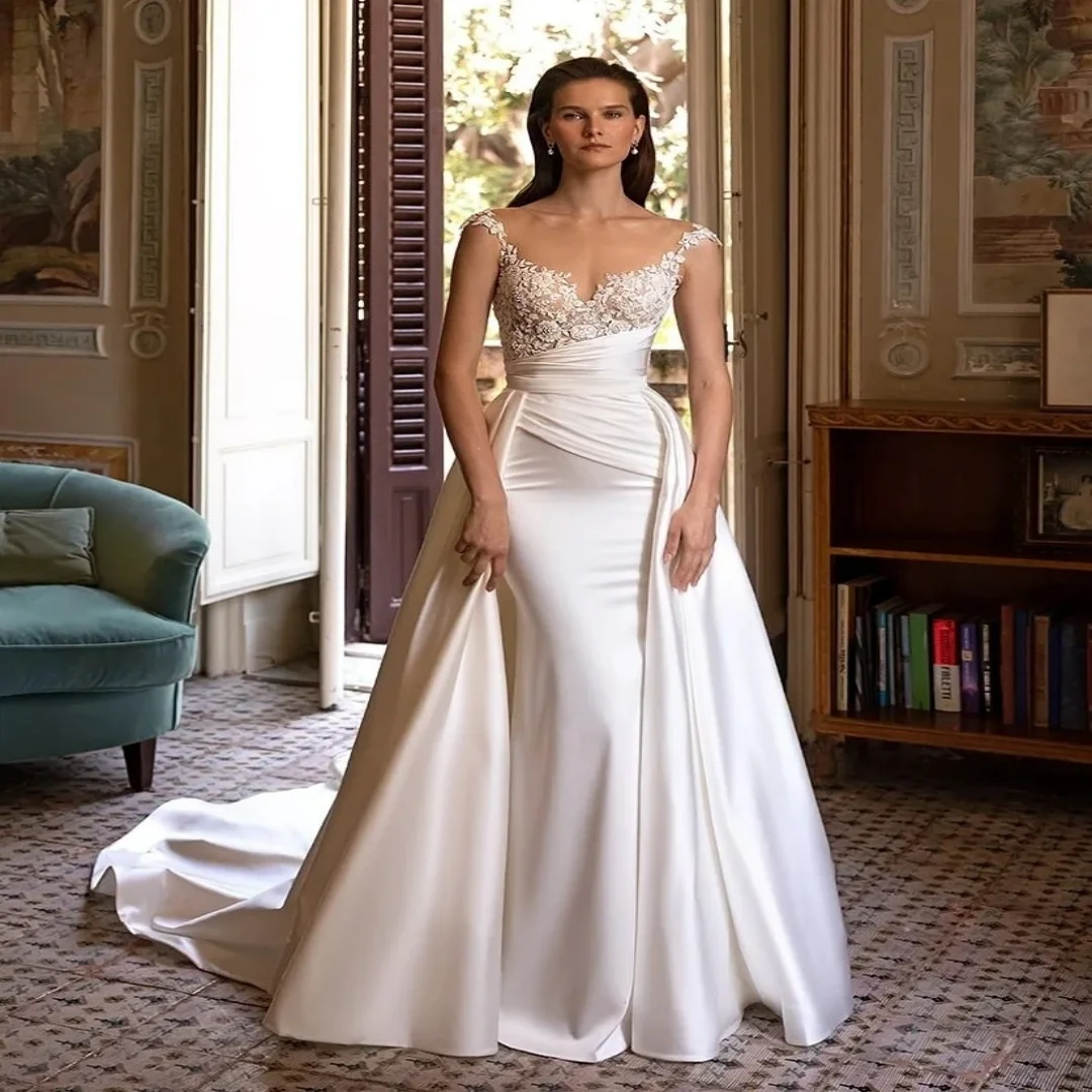 Customzied Elegant Satin  Wedding Dresses Sexy Mermaid Scoop Draped Detachable Train Bride Prom Party Gown Lace  Bridal Gowns