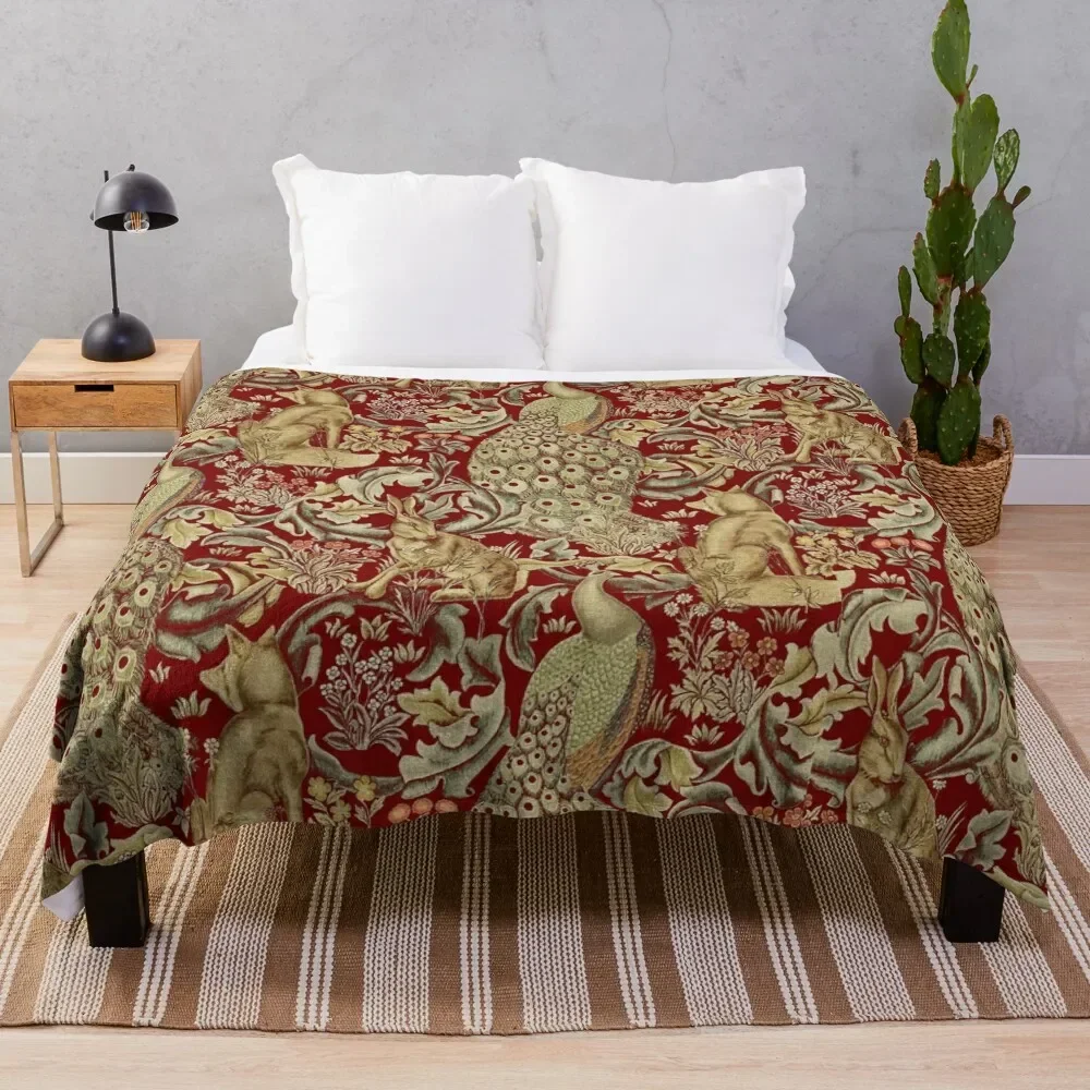 

FOREST ANIMALS,PEACOCKS,FOX AND HARE IN RED LEAVES FLORAL PATTERN Throw Blanket Flannel Nap Single Softest Blankets