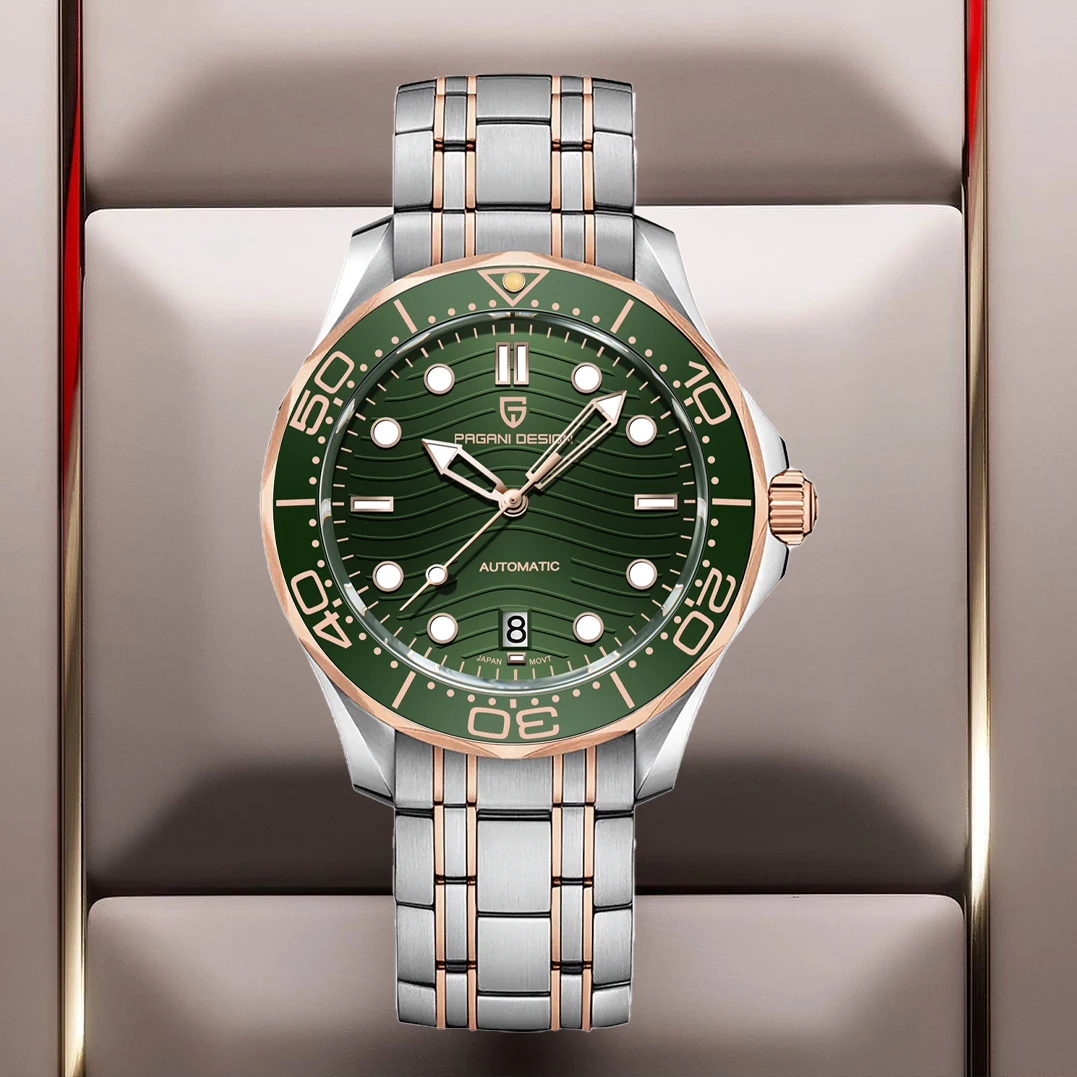PAGANI DESIGN 2025 New Men's Diving Watches Rose Gold Green Luxury Automatic Watch For Men MIYOTA 8215 Mechanical WristWatch Men