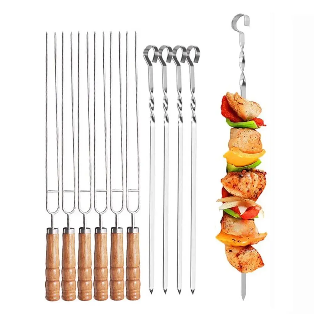 

10pcs Reusable BBQ Skewers Stainless Steel 2 Prong Grilled Fork Wood Handle with Storage Bag Barbecue Needle Sausage