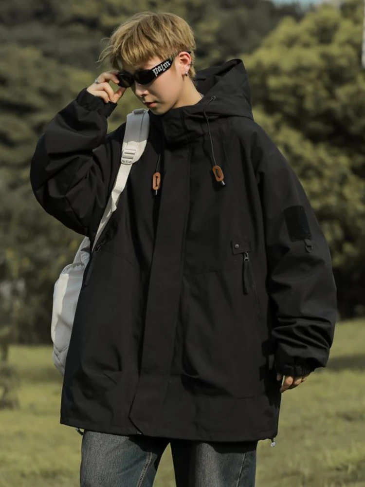 Vivid Solid Utility Jacket Men Waterproof Windproof Shell w/ Hood & Cargo Pockets - 2025 Urban Outdoor Techwear Essential Coat