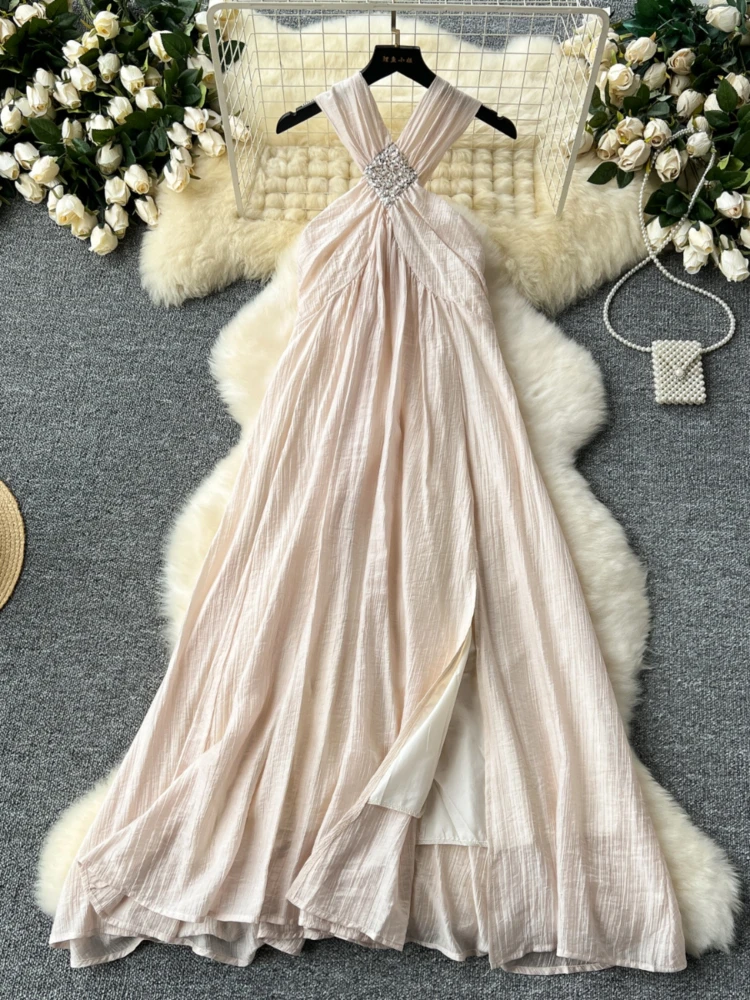 

Beach Long Dress Women Vintage Sequin Hanging Neck Split Sleeveless Chiffon Dress Sexy Beach Dress