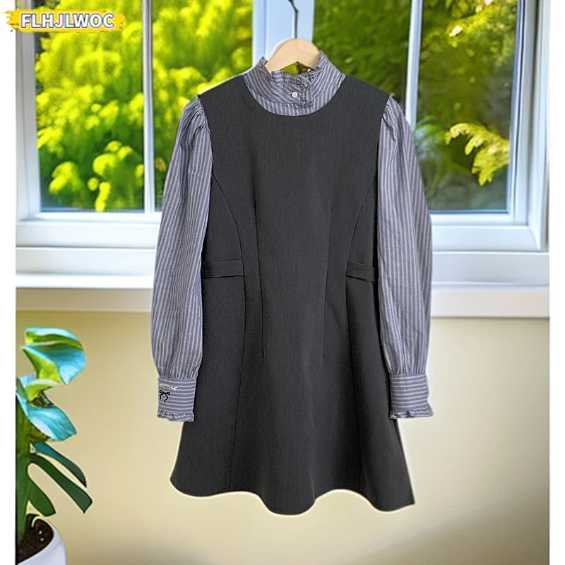 Chic Korea All-Match Outfits Sleeveless Dresses New Year Date Girls Cute Sweet Japan Preppy Style Design Striped Shirt Dress