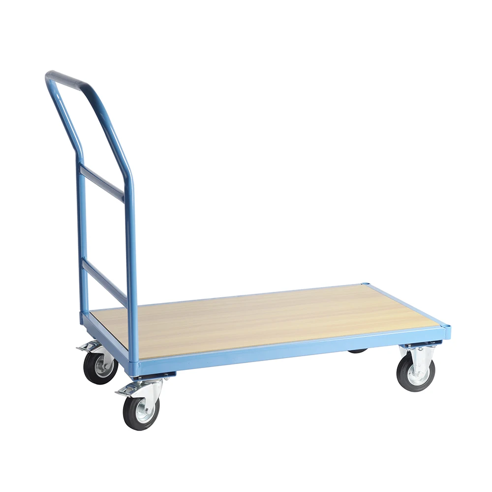 Heavy Duty Plywood Decking Welding Metal Flat Bed Trolley With Single Bar End