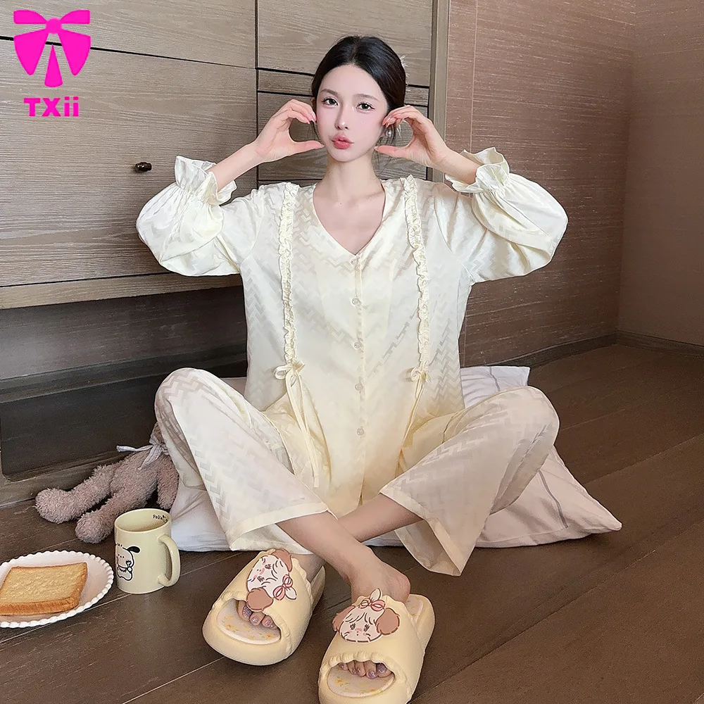 TXii Newlook 2024 Fashion New Sweet Lovely V-Letter Pajamas Women's Ice Silk Square Plaid Doll Collar Comfortable Home Clothes