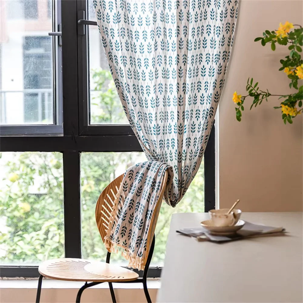 

Linen And Cotton Window Curtain Leaves with Tassels Semi Sheer Curtains For Rural Pastoral Style Corridor Door Curtain Decors