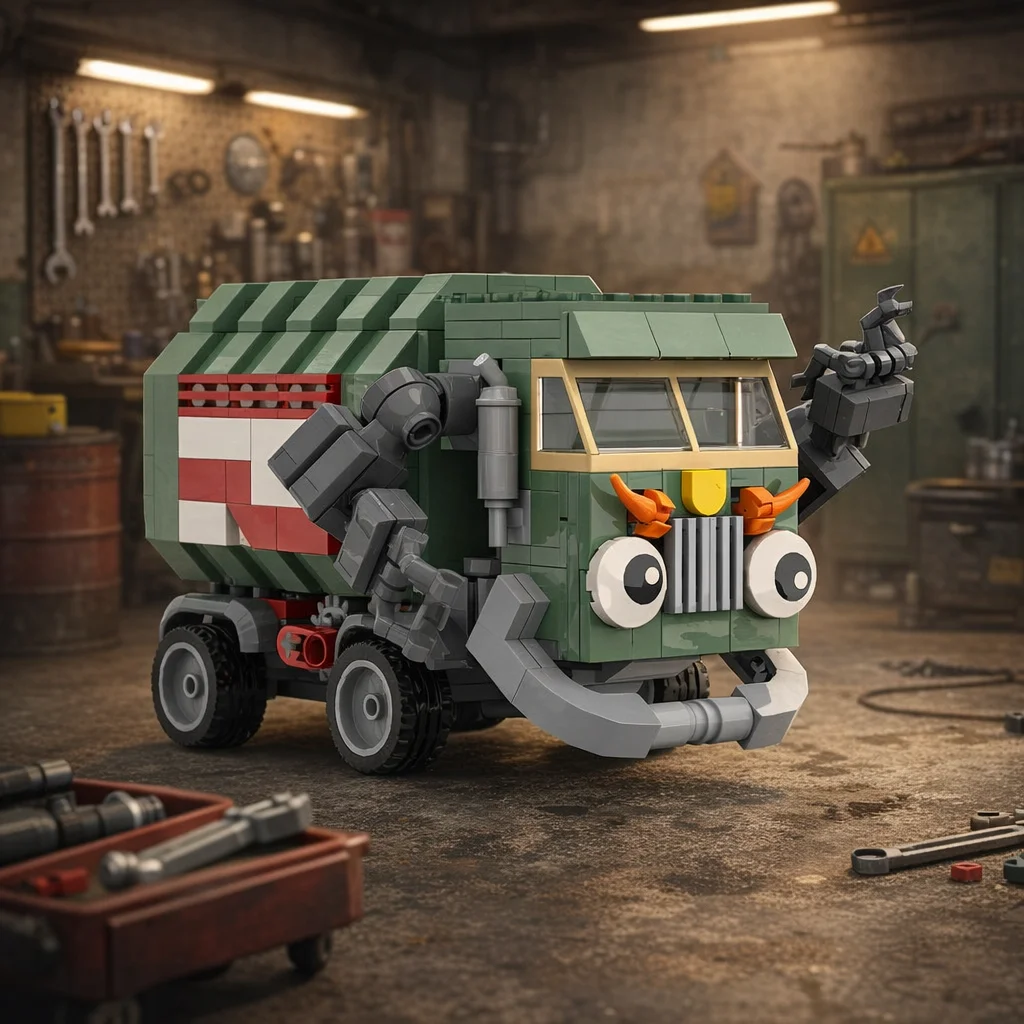 

MOC Cartoon Garbage Truck Building Blocks Model Funny Sanitation Vehicle DIY Bricks Toy Gift Kids Creative Desktop Decor