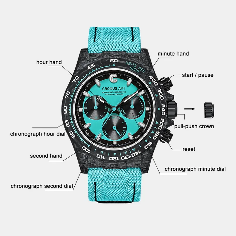 ساعة كرونوغراف للرجال من كرونوسارت 40 ملم، ساعة يد ميكانيكية أوتوماتيكية من ألياف الكربون، قماش مضيء، حزام جلدي رياضي #6