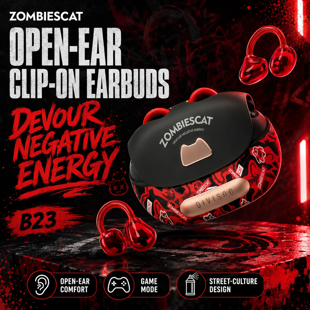ZOMBIESCAT B23 Open Ear Earbuds Clip On Wireless Bluetooth 6.0 TWS Earphones 4.1g 30H Playtime Running Headset with Mic
