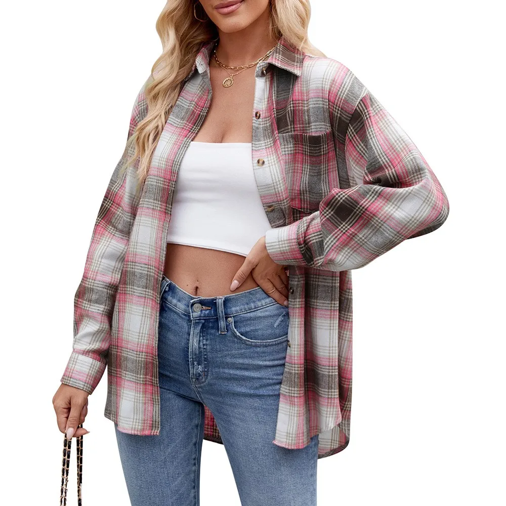 Camicetta da donna autunno/inverno 2024 New Casual Fashion Street allentato Plaid stampato tasca Splicing manica lunga Cardigan camicia Femme