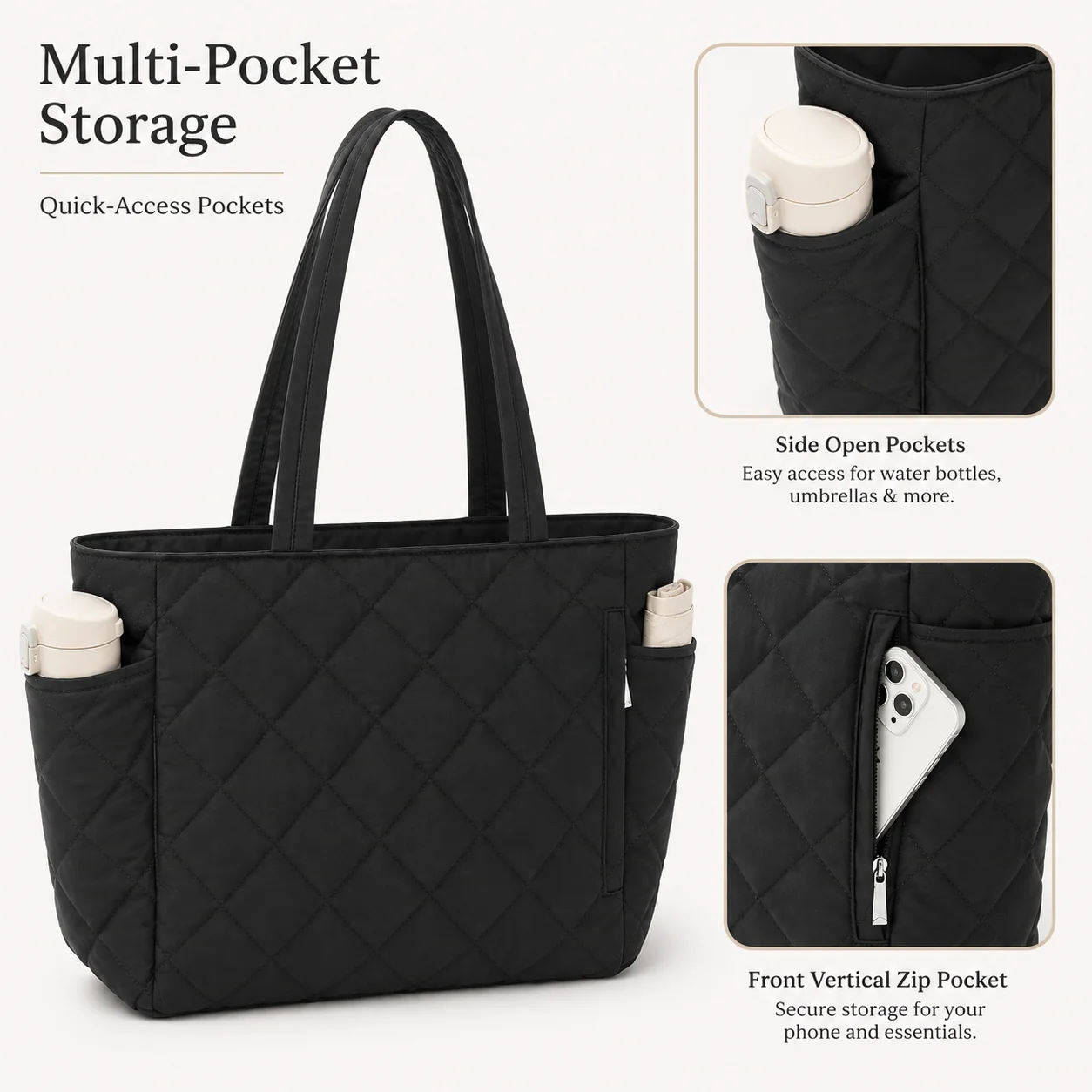 Quilted Nylon Tote Bag for Women with Exterior Pockets, Lightweight Multi-Pocket Shoulder Bag for Work, Commuting and Shopping