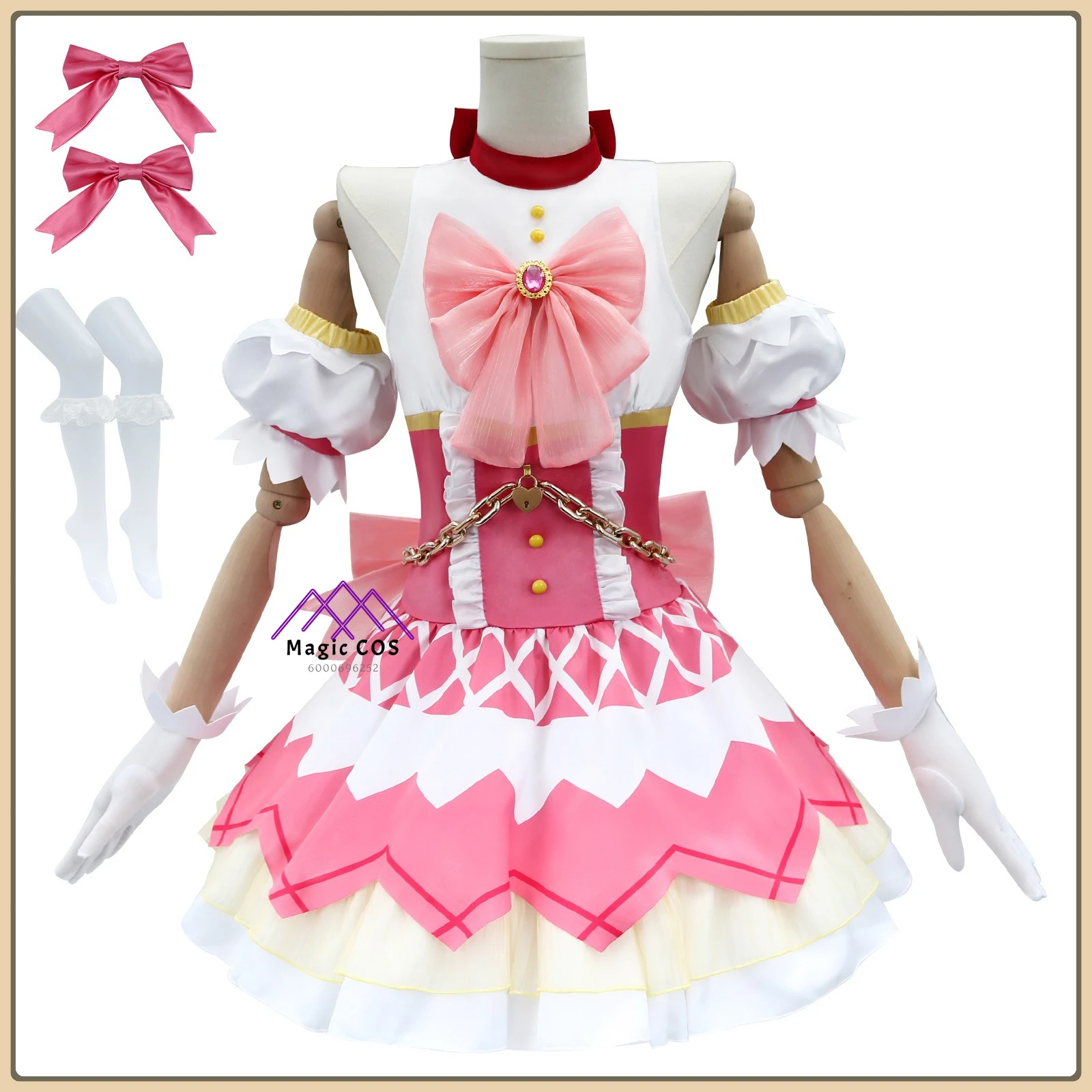

PuellaMagi Madoka Magica Madoka Kaname Cosplay Outfit Pink Ceremony style Dress with Ruffles and Wings for Women Halloween Party