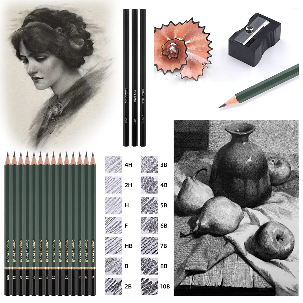 35Pcs Sketch Pencil Set with Charcoal Pencils Eraser Blending Stumps Art Drawing Painting Tool Kit for Artist Student
