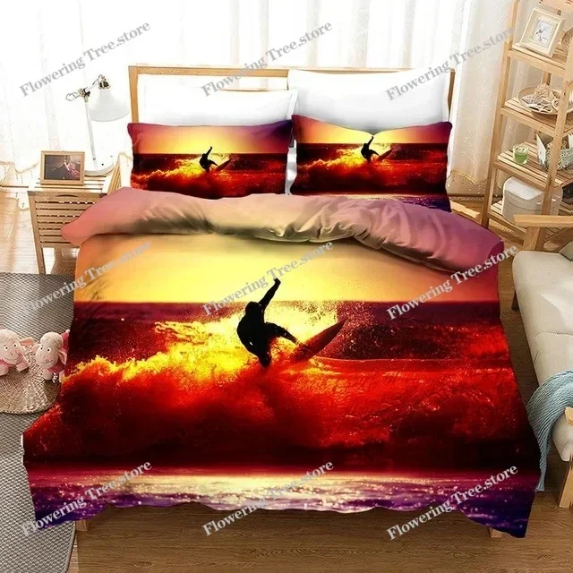 Summer Surf Seaside Bedding Set Vacation Blue Ocean Comforter Duvet Cover Set For Adults King Queen Size 3d Quilt Bed Set Linen
