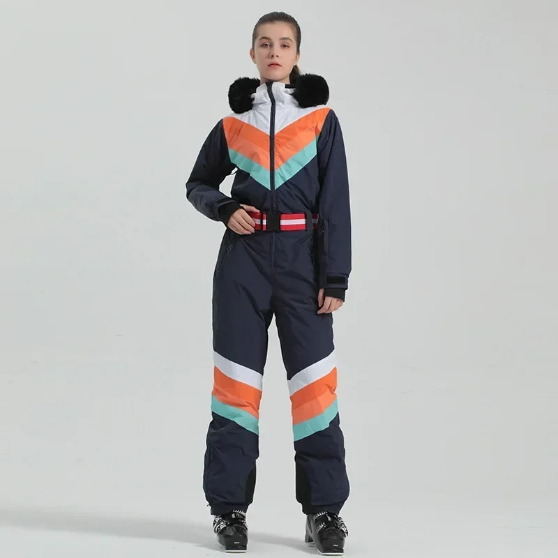 Macacão de esqui com capuz quente feminino, macacão esportivo ao ar livre, traje de treino feminino, snowfield, roupas de esqui adulto, inverno novo