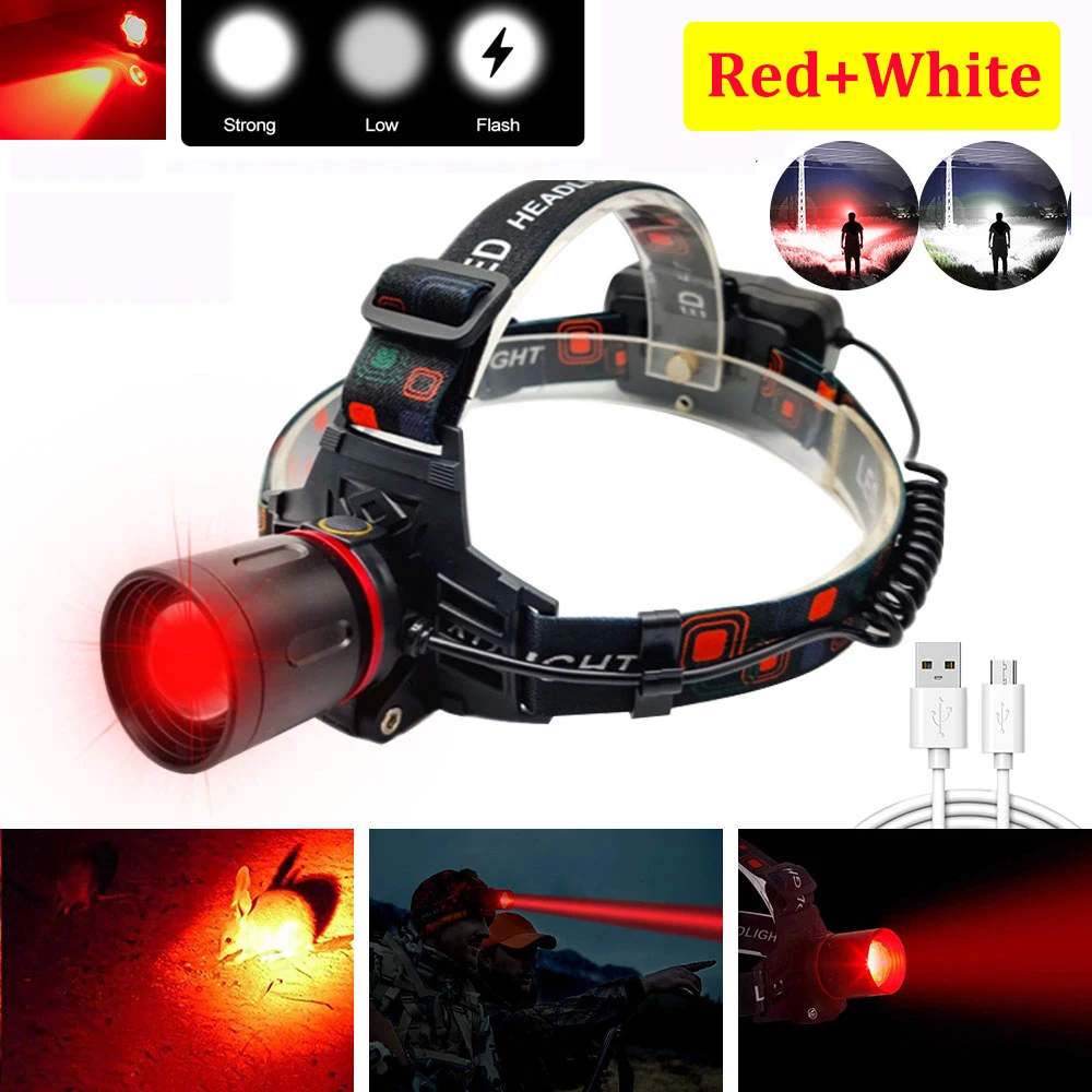 Dual Light Source Headlamp White+Green/Red/395nm UV Headlight Zoom LED Outdoor Hunting Torch Camping Lantern Powered by 2*18650