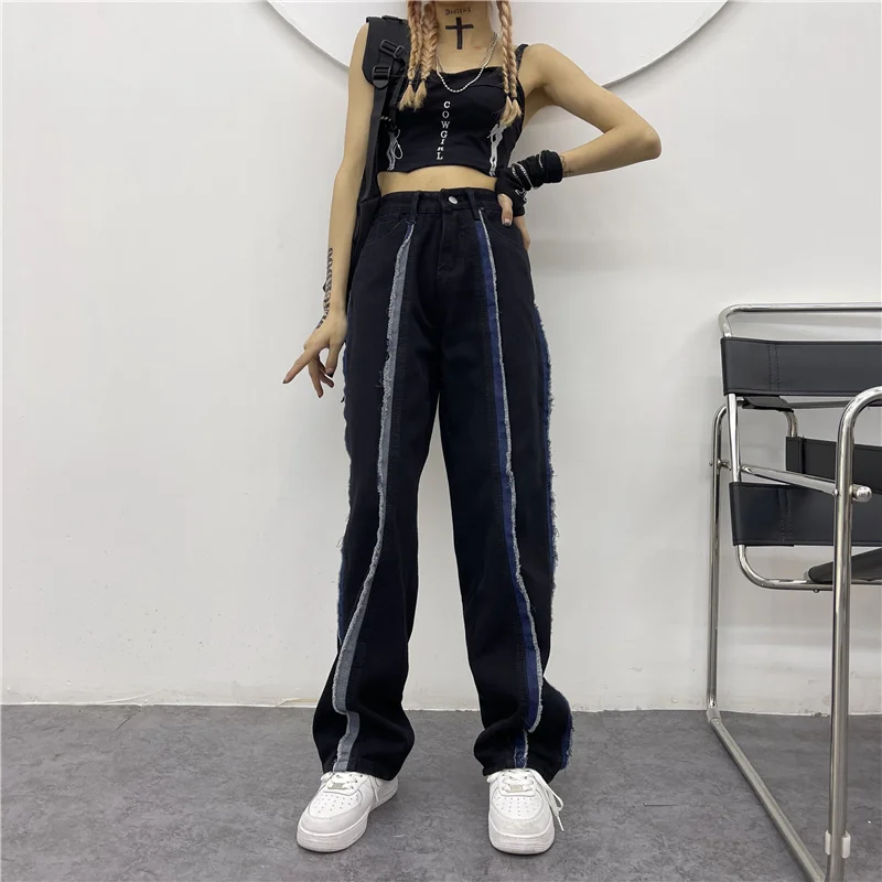 Hiphop Vintage Jeans Women New Summer Distressed Straight High Waist Pants Female American Streetwear Patchwork Girl Trousers