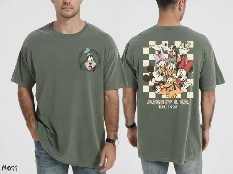 قميص ريترو ميكي آند كو 1928 بألوان مريحة تي شيرت ديزني لاند ديزي دونالد جوفي ميكي والأصدقاء قميص عائلي #3