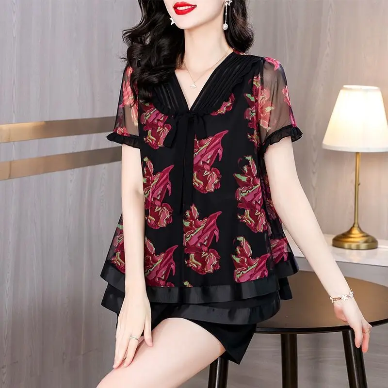 High End Westernized Age Reducing Printed Top and Shorts Set Spring and Summer Loose and Elegant Women's Two-piece Set