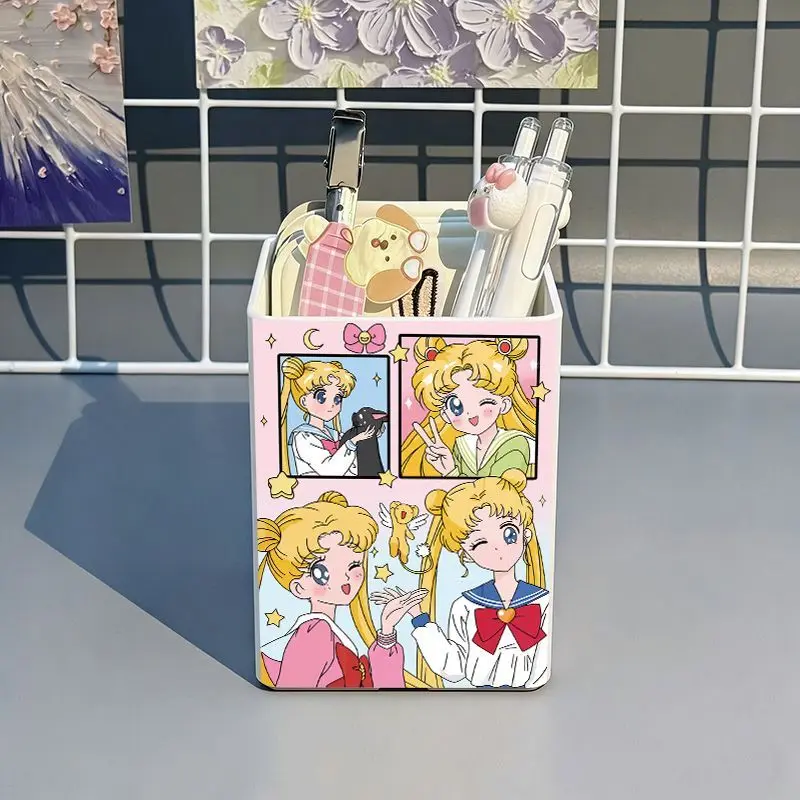 

New Sailor Moon Desktop Pen Holder Cute Cartoon Student Anti-fall Desk Pencil Case Large Capacity Makeup Brush Storage Box Gift