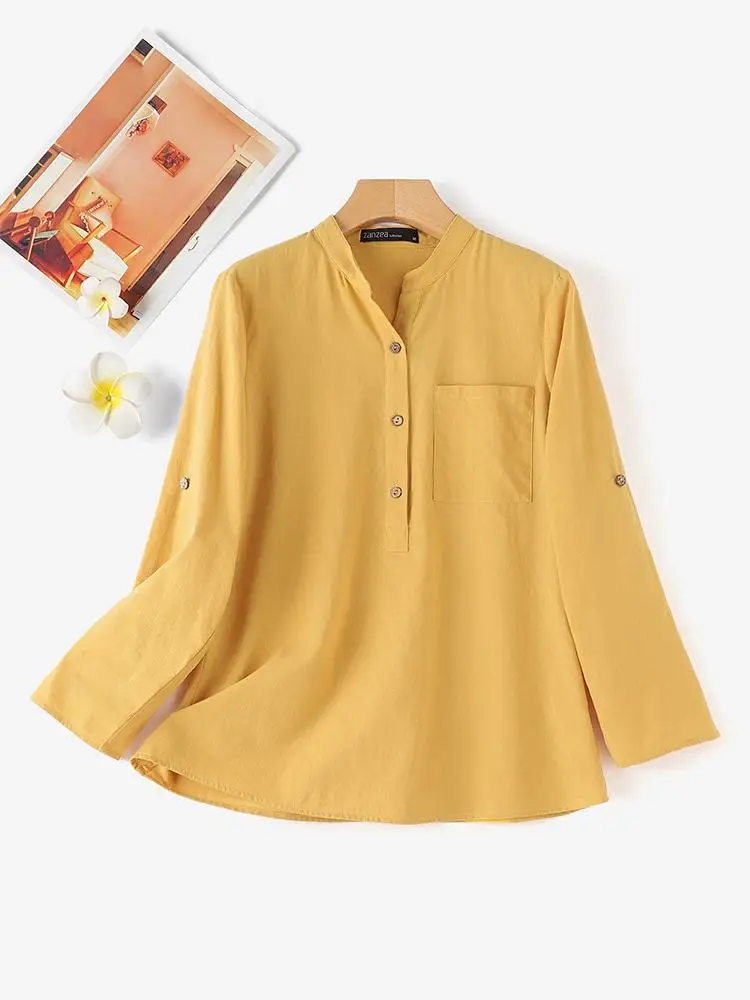 ZANZEA Summer Fashion Solid Blouse SpringOL Work Shirt Women Elegant Long Sleeve O-Neck Blusas Casual Tops Tunic Female Chemise