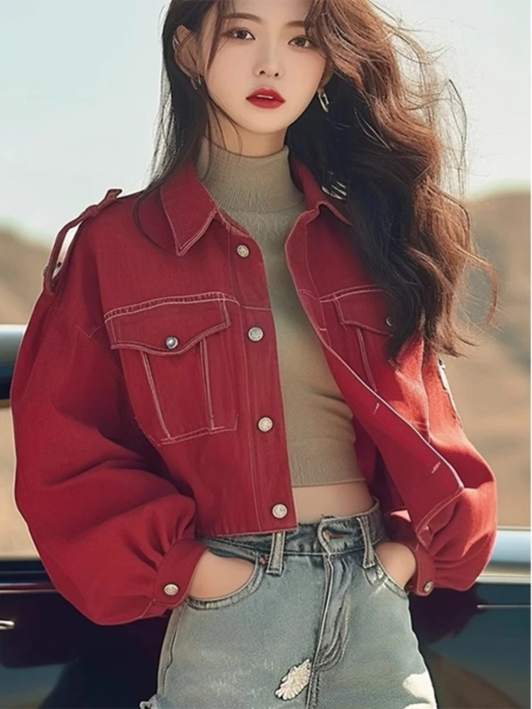 

Fashion Chic Jackets Turn Down Collar Lantern Sleeve Single Breasted Design Crop Tops Coats All Match Loose Women Clothing 2025