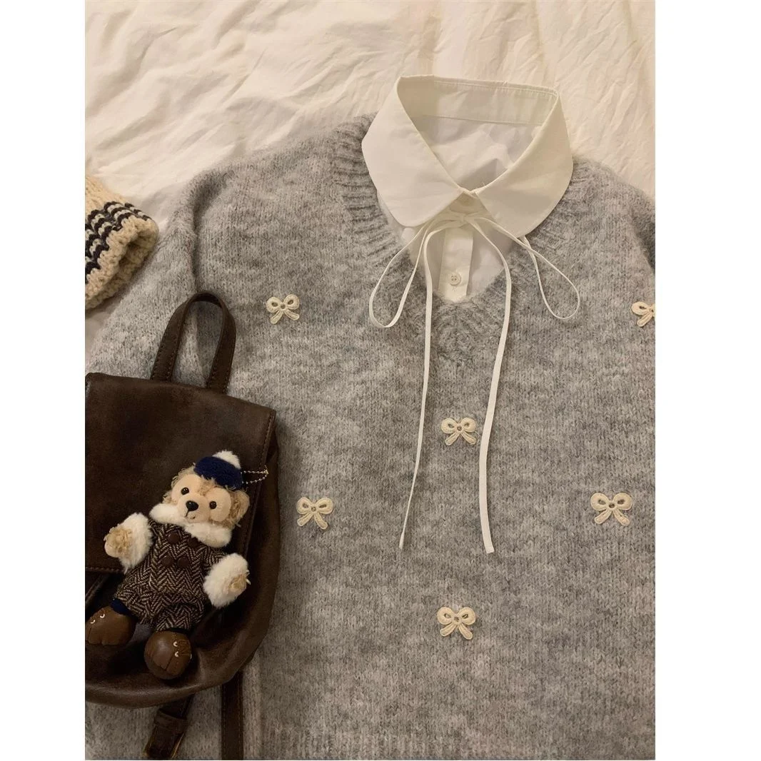 Maglieria da donna Soft Ey V-Ne Autunno Inverno Vestibilità ampia Comodo maglione con nodo Dolce top giapponese