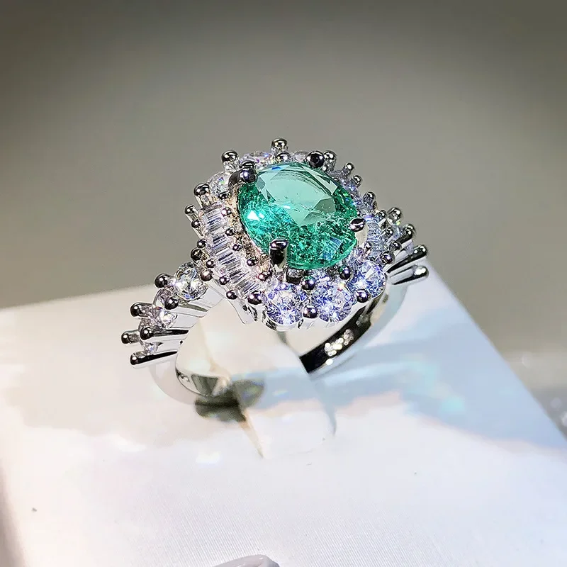 High quality sparkling AAAAA zircon classic silver 925 inlaid Paraiba green gemstone engagement ring wedding jewelry for women