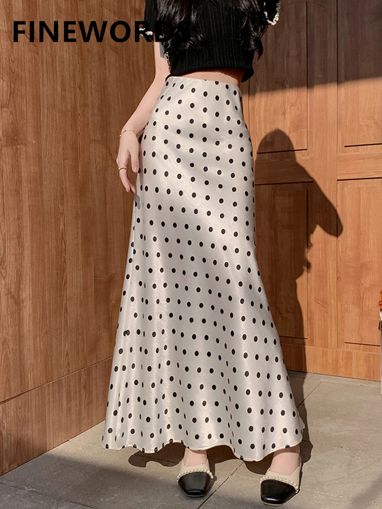 FINEWORDS Vintage Dot Printed Satin Fishtail Skirt Summer Elegant Harajuku Long Midi Skirt Streetwear Korean High Waist Skirt